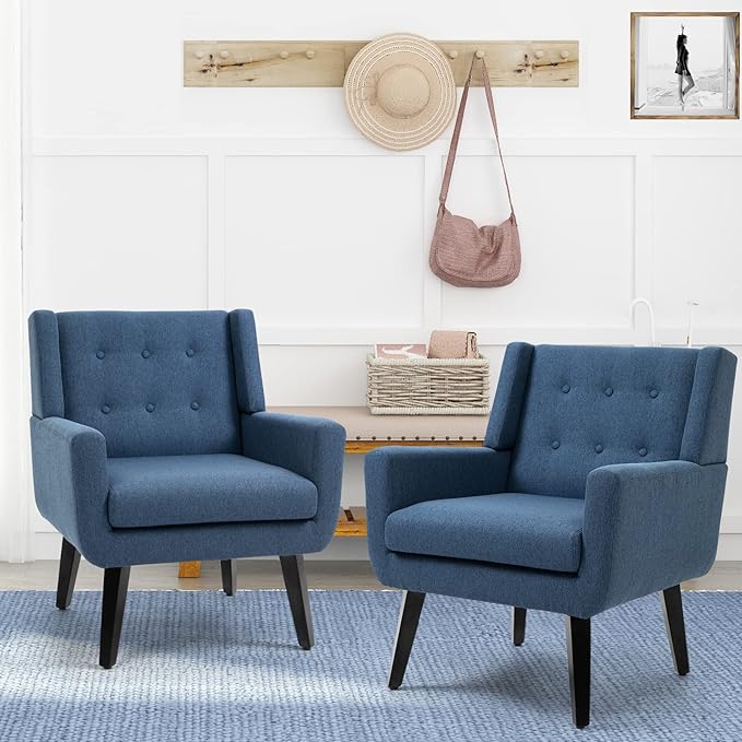 AVAWING Set of 2 Morden Accent Chair Mid-Century Modern Upholstered Sofa Chair with Rubber Wood Legs Comfy Linen Fabric Armchair for Living Room Bedroom Office (Blue)