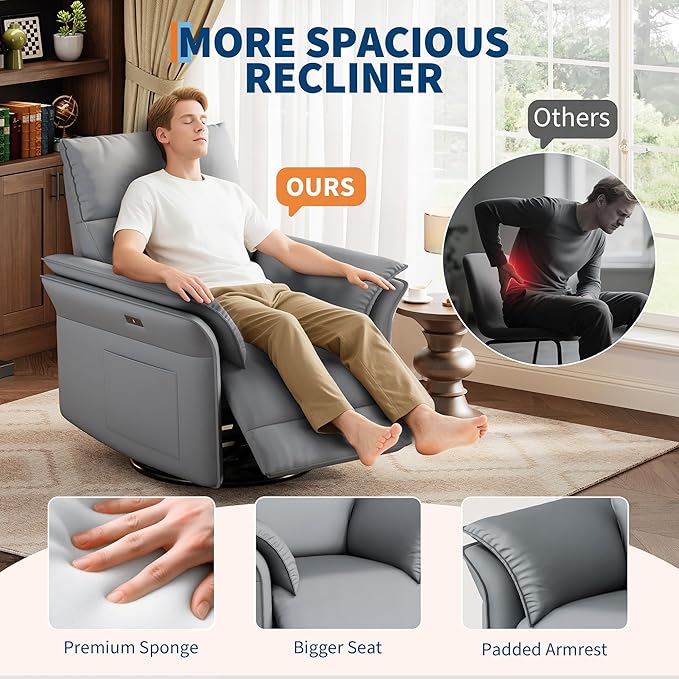 GarveeHome Power Recliner Chair with Side Pockets 270° Swivel &amp Glider USB Charging Port PU Leather Thickened Dual-Layer Armrests Modern Recliner for Living Room Bedroom (Silver)