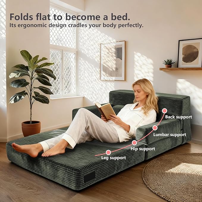 Folding Sofa BedConvertible Sofa Bed with Armrest Foldable Sleeper Chair Portable Folding 4-in-1 Floor Sofa with Convertible Lounge Chair for Living RoomBedroomWashable CoverGreen Single