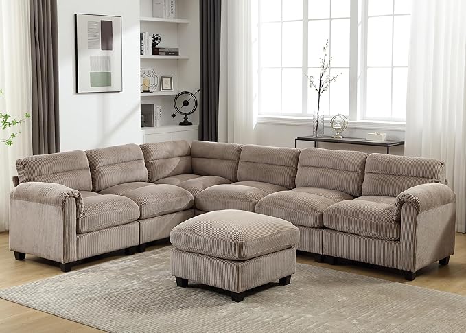 CANMOV Modular Sectional Couches with Ottoman Convertible U Shaped Sofa 7 Seat Sofa Couch with Chaise for Living Room Corduroy Couch Brown