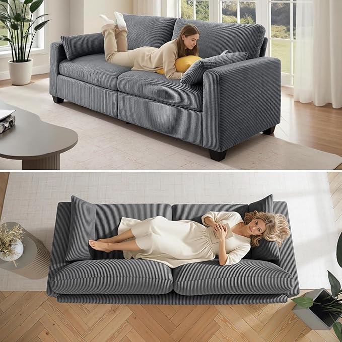 Modern Loveseat Sofa for Living Room Removable Cover Spring Cushions Solid Wood Frame Wide Armrest Corduroy Fabric Recliner Couches for Small Space (Gray Corduroy 81 inch)