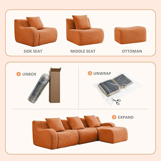 83 Modular Boneless Sectional Sofa Boneless Couch for Living Room and Apartments 32D High Density Sponge No Assembly Required (2S) Orange