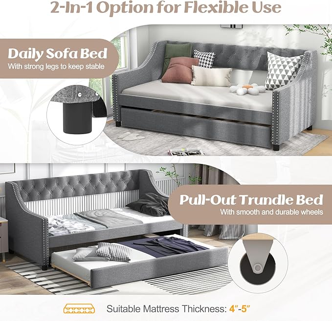 KOMFOTT Upholstered Twin Daybed with Trundle Sofa Daybed with Backrest &amp Armrests Space-Saving Daybed Trundle Bed Frame for Bedroom Guest Room &amp Dorm No Box Spring Needed (Grey)