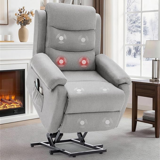 Power Lift Recliner Chair with Massage and Heat for Elderly Electric Lift Chair for Adults Small Recliner for Living Room Reading Room Recliner Saves Your Favorite Position Lightgrey