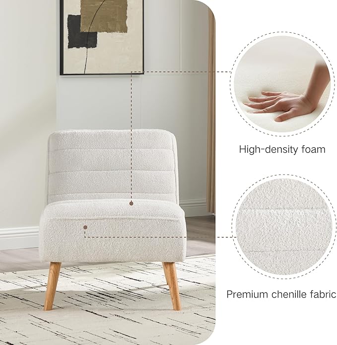Mlmh &amp Kngwa 24.4 W Mid Century Modern Accent Chair Armless Accent Chairs Comfy Upholstered Reading Chair Chenille Vanity Chair for Living Room Bedroom Ivory