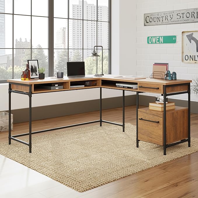 Sauder Iron City L Desk Checked Oak Finish