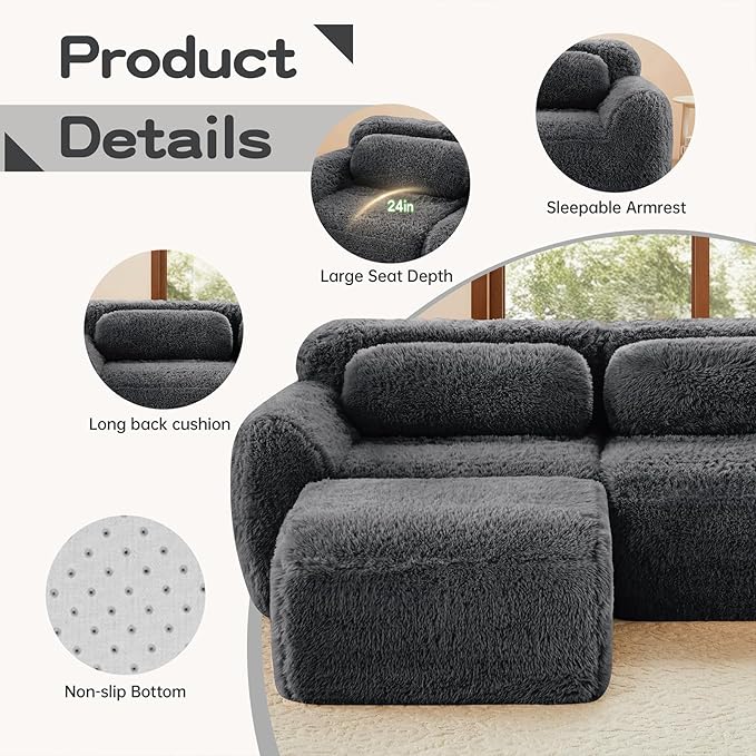 115 Sectional Couches for Living Room Comfy Boneless Couch 3 Seater Cloud Sofa Compressed L Shaped Couch with Ottoman Modern Modular Sectional Plush Floor Sofa No Assembly (Grey)
