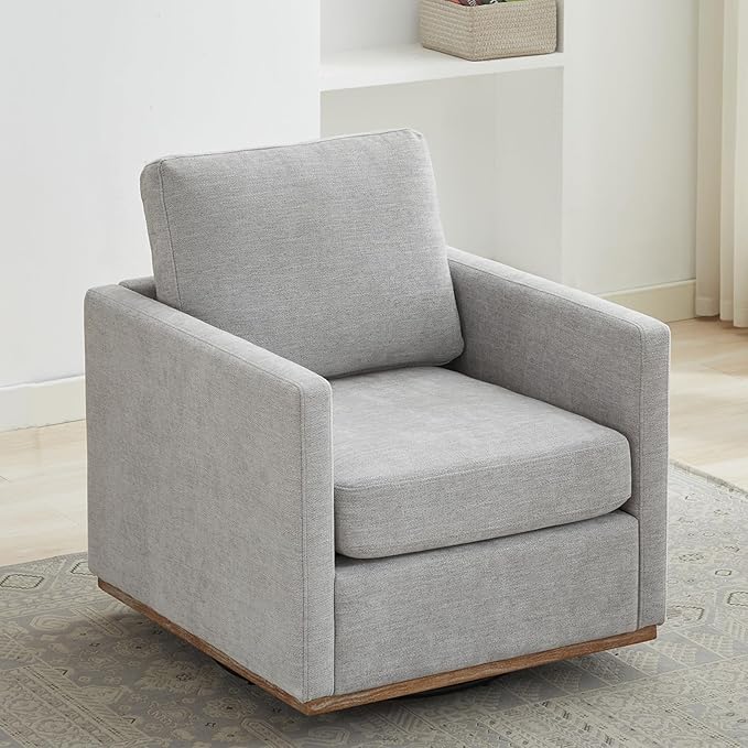 360° Swivel Accent Chair Square Modern Comfy Chair with Metal Base &amp Thicked Cushion Upholstered Lounge Reading Armchair Cloud Sofa Chairs for Living Room Bedroom Office(Chenille Light Gray)
