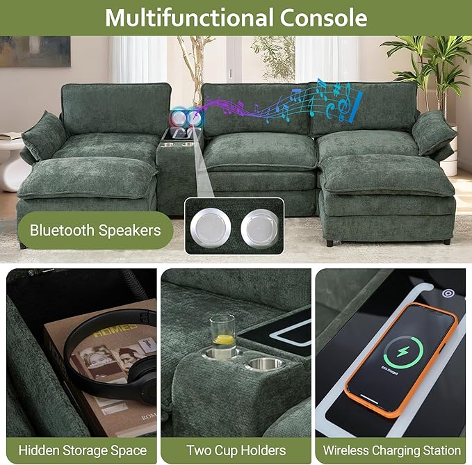 124 Cloud Couch Sectional Modular Sectional Sofa with Speakers Modern U Shaped Couches for Living Room Comfy Chenille Deep Sofas with Console Charging Station Cup Holders (Dark Green) | Easy Ass