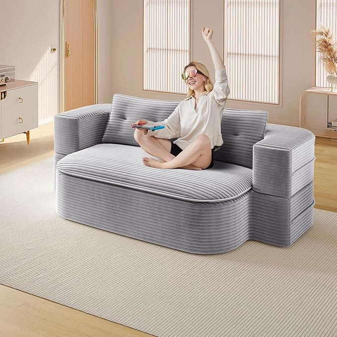 78.7'' Convertible Sleeper Sofa Corduroy Floor Foam Compression Loveseat Sofa Bed Couch Modern Folding Futon Couch Foldable Full Size Guest Bed with 2 Pillows and Blanket for Living Room (Gray)