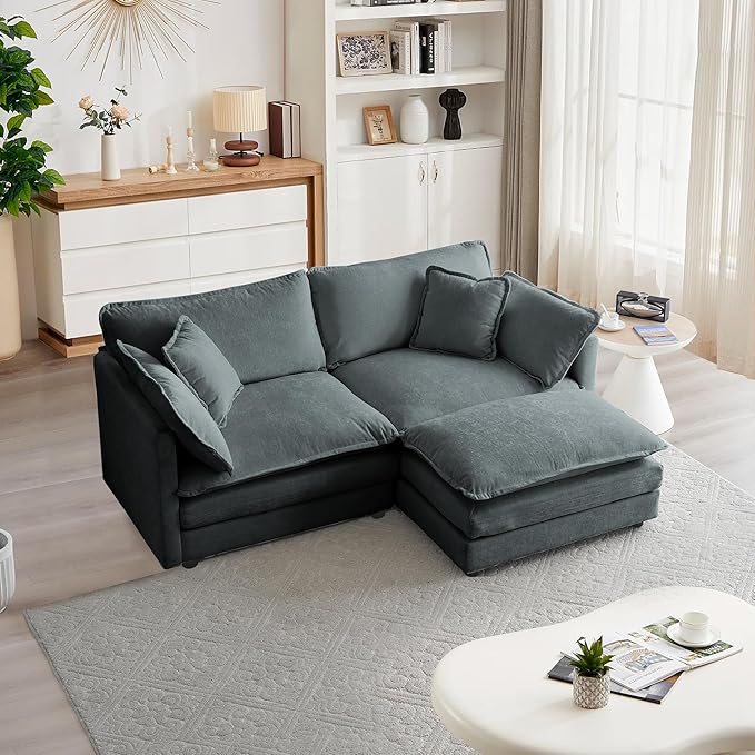 mikibama Modular Sectional Sofa 76.4 Inch L Shaped Couch Set for Living Room Loveseat Comfy Cloud Couches with Movable Ottoman DIY Combination Chenille Grey