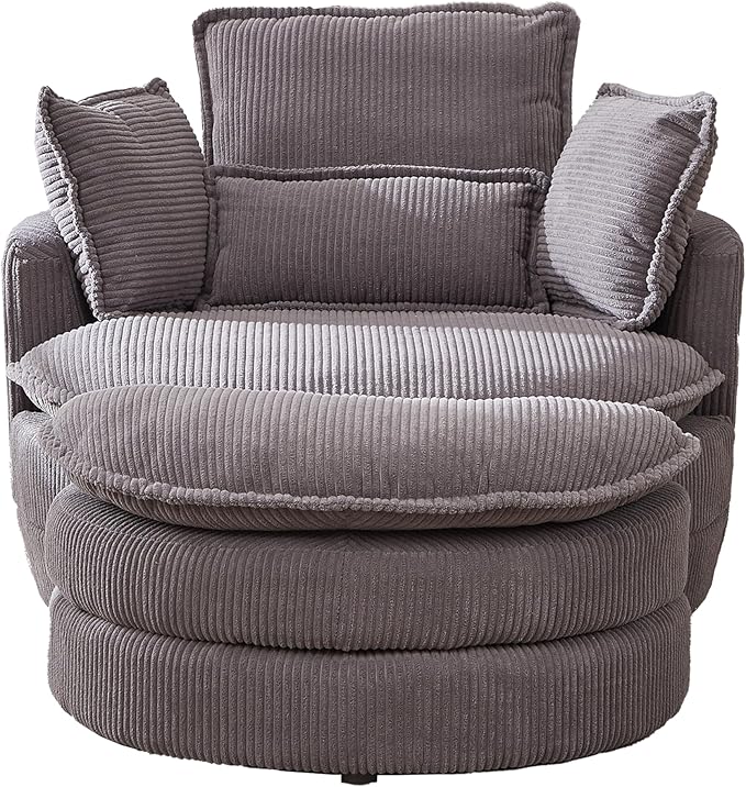 Modern Swivel Chair 38 W Oversized Swivel Chair with Moon Storage Ottoman Accent Round Loveseat Circle Swivel Barrel Chairs with 4 Pillows Cuddle Sofa Chair Lounger Armchair (Grey * 99)