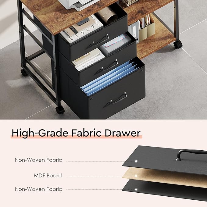 3 Drawer File Cabinet with Wheels Rolling Printer Stand with Open Storage Shelf Fabric Lateral Filing Cabinet for Home OfficeRustic Brown