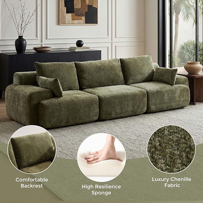 WELAX 114 Sectional Couches for Living Room Boneless Couch L-Shape with Pillows &amp Ottoman Modular Chenille Cloud Sofa 4 Seater Home Comfy Sofas for Apartment Green