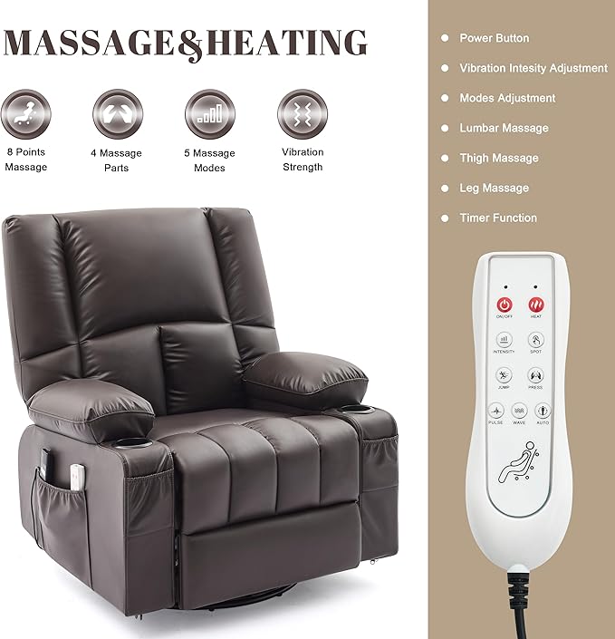 Oversized Recliner Chairs for Adults 270° Swivel Rocker Recliner with Heat and Massage Lazy Boy ReclinerRecliner Chairs Single Sofa Seat with Cup Holders (DarkbrownElectric)