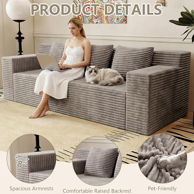 71 Love Seat Couches Corduroy Boneless Loveseat with Deep Seats 2 Seat Couch Apartment Size Couch with 3 Pillows&ampSide Pockets for Bedroom Office No Assembly Required Camel