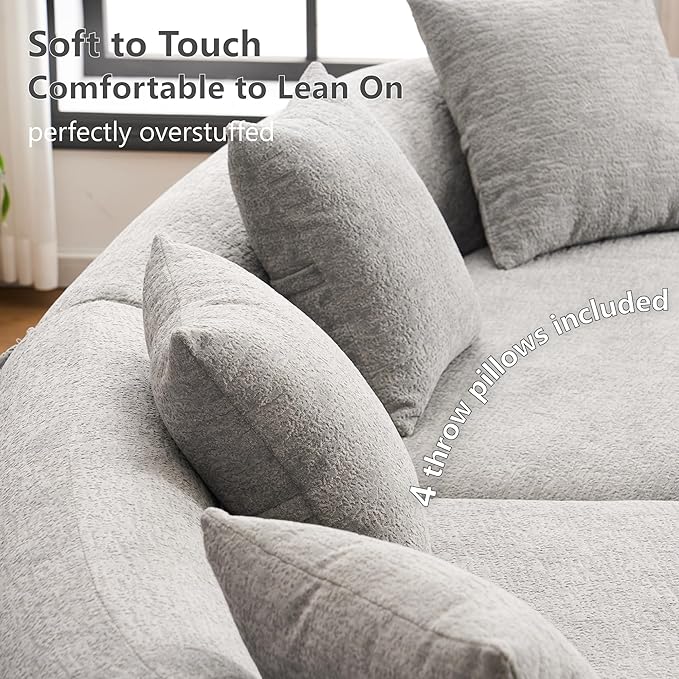 110'' Modern Curved Sofa Sectional Arc 4-Seater Foam Couch Compressed in-a-Box Boneless Cloud Couch with Extra-Deep-Wide Seats in Comfortable Chenille No Assembly Pearl Grey