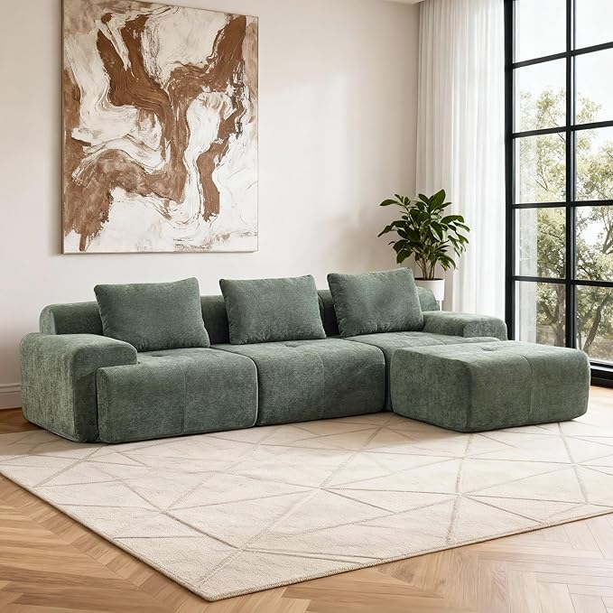 Large Ottoman 37 Inch Rectangle Footrest for Couch with Memory Foam and Chenille Upholstered Plush Floor Seating and Coffee Table for Living Room No Assembly Required Green