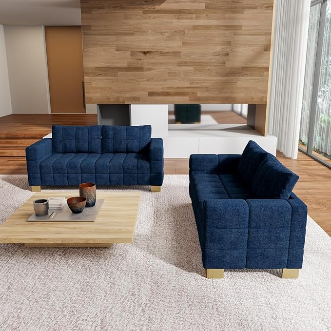 81.89 Sofa Comfy 3 Seat Sofa Tufted Chenille Upholstered Sofa Couch for Living Room with Gold Metal Legs and 2 Throw Pillows (Blue（3+3）)