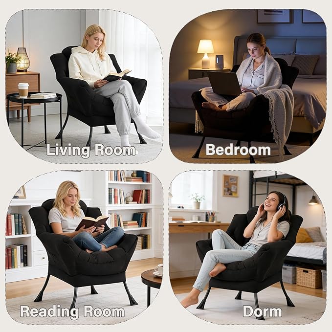 Lazy Chair Modern Soft Reading Chair Accent Contemporary Sofa Chair with Armrests and a Side Pocket for Living Room Bedroom Dorm &amp Office Black