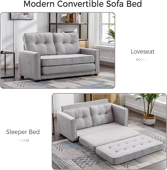 ERYE 3 Fold Tufted Upholstered Futon Sofa Bed Modern Convertible Foldable Floor Loveseat Sofabed with Pull Out Sleeper Couch Daybed W/Side Pockets for Living Room