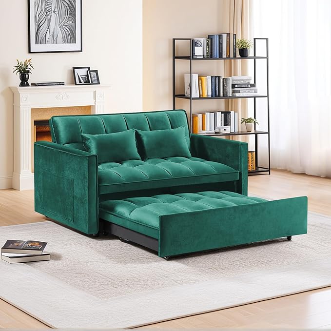 3 in 1 Convertible Sleeper Sofa BedFuton Pull Out Couch with Adjustable BackrestVelvet Fabric Loveseat Sofa with Side Pocket for Bedroom Living Room