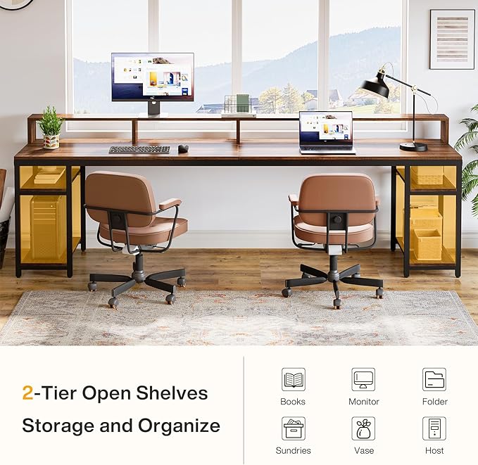 Tribesigns 78.74 Inches Extra Long Two-Person Desk Double Computer Desk with Monitor Stand and Storage Shelves Study Work Table for Home Office (Rustic Brown)