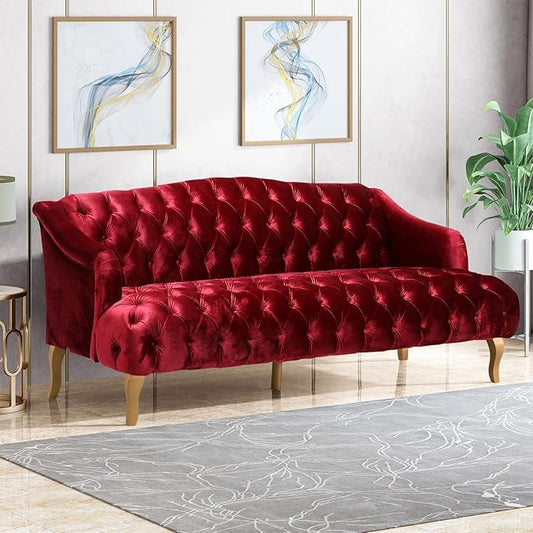 Modern Wingback Tufted Velvet Loveseat 73.25 3 Seat Sofas Settee Bench Banquette Chesterfield Love Seat with High Back Thick Padded Cushioned Upholstered Couch for Living Room Victorian Style Red