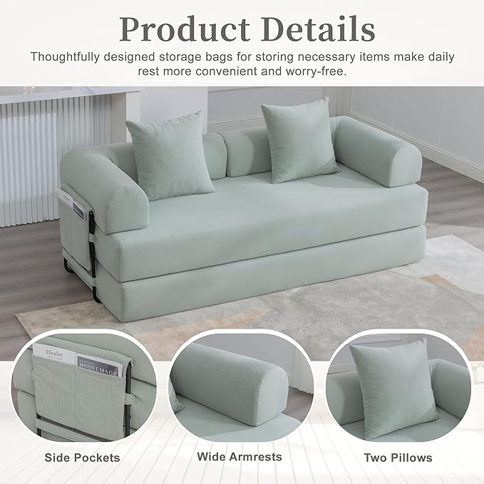 Convertible Sleeper Sofa Bed 78.5 Folding Floor Sofa Mattress Couch with Pillows Corduroy Futon Boneless Couch Lounge Loveseat with Pull Out Bed Mint Blue