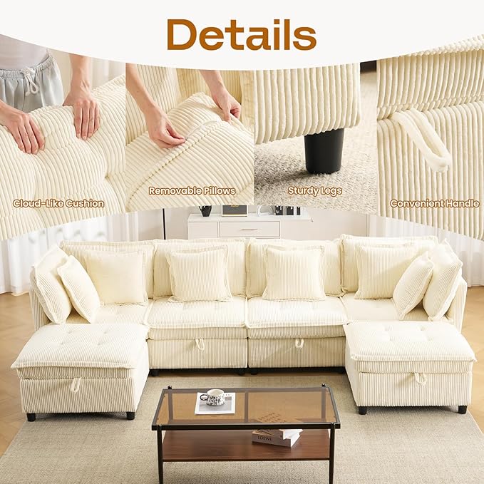 Modular Sectional Sofa 102.5 L-Shaped Cloud Couch with Storage 4-Seater Deep Seat Couch with Tufted Cushions &amp Removable Pillows Comfy Corduroy Couches for Living Room Beige | Modern couch