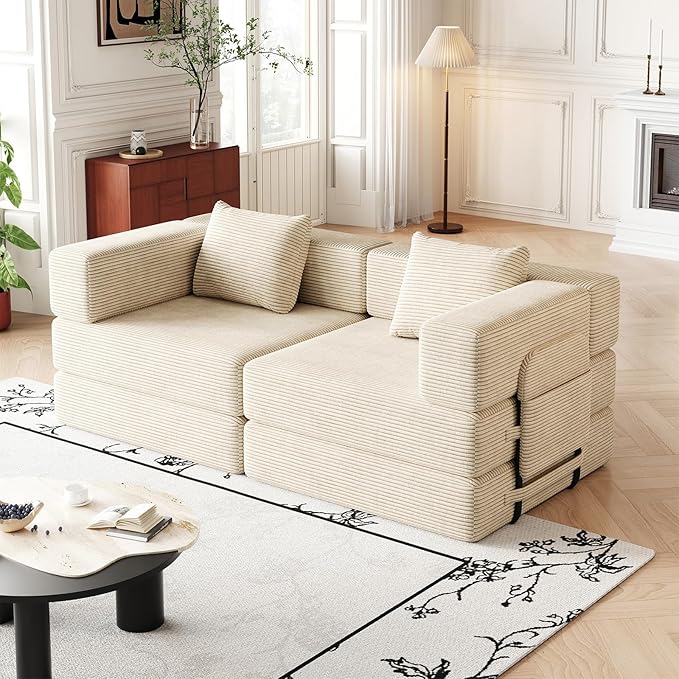 KINFFICT 72 inch Sectional Sleeper Sofa Modular Futon Folding Loveseat Floor Sofa Bed Convertible Comfy Corduroy Memory Foam Couch Bed with Side Pockets for Guest Room Bedroom Living Room Beige