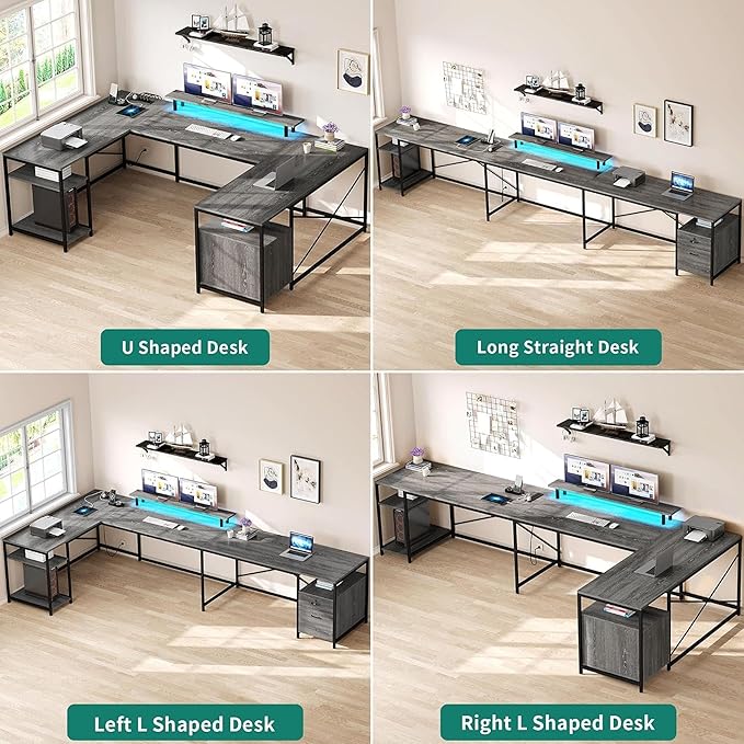 YITAHOME U Shaped Desk with Power Outlets &amp LED Lights 79 Reversible L Shaped Desk with Drawers Corner Computer Desk Office Desk with Monitor Stand &amp Storage Shelves Grey