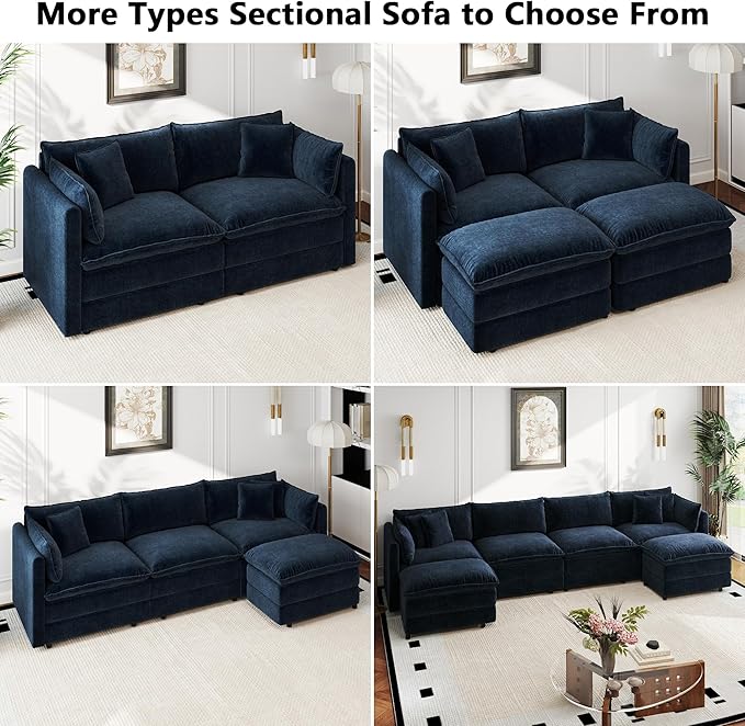 Aoowow Modular Sectional Sofa Modern Convertible U Shaped Couch147.2 Inch Deep 4-Seater Sofas Set Comfy Chenille Cloud Sofas and Couches with Movable Ottoman for Living Room Apartment（Blue）