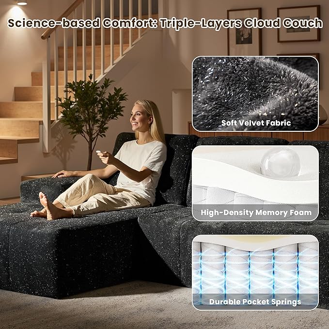 114 Glitter Cloud Sectional Couch with L-Shape Chaise Modern Boneless Couches for Living Room Fluffy Tufted Deep Seat Modular Sofa in a Box No Assembly