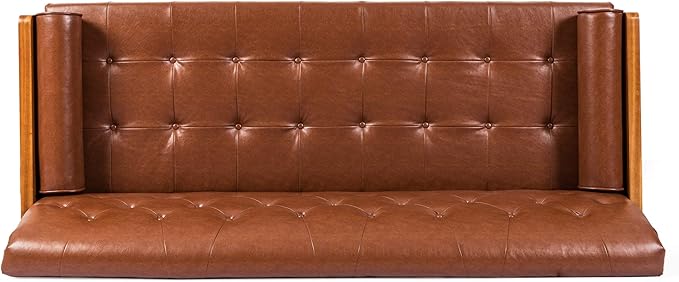 Christopher Knight Home Adelaide Mid-Century Modern Tufted Sofa with Rolled Accent Pillows Cognac Brown Dark Walnut and Gold