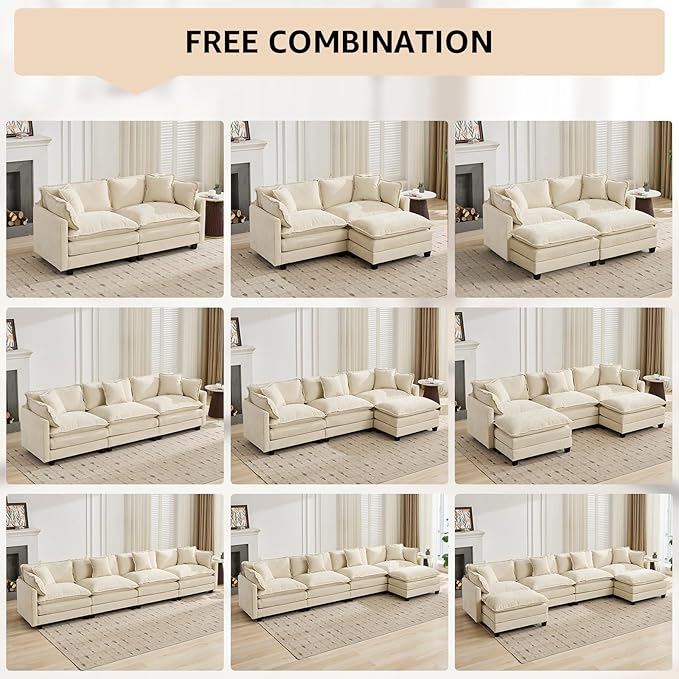 76.7 Beige Modern Sectional Couches for Living Room Chenille Loveseat U Shaped Modular Sectional Sofa Oversized 2 Seater Cloud Love Seat Couches with 2 Ottomans Deep Seat Sofas Set Sofa para Sala