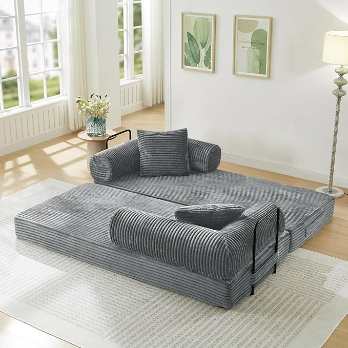 78.5W Convertible Folding Sofa Bed Corduroy Upholstered Queen Size Foam Floor Couch with Fixed-Shaped Frame Loveseat Sleeper Compression Sofa Foldable Mattress for Living Room Bedroom(Light Grey)