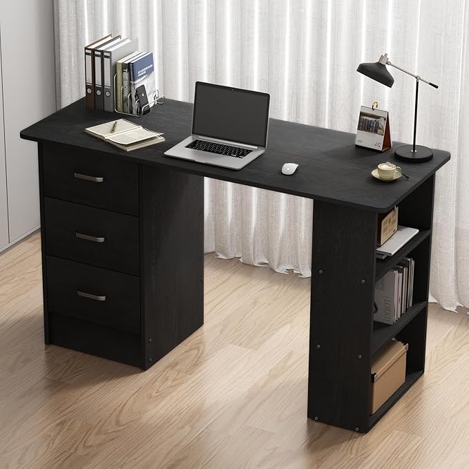 Computer Desk with DrawersHome Office Desk with Storage RacksModern Writing Desk for Bedroom Study(Black)