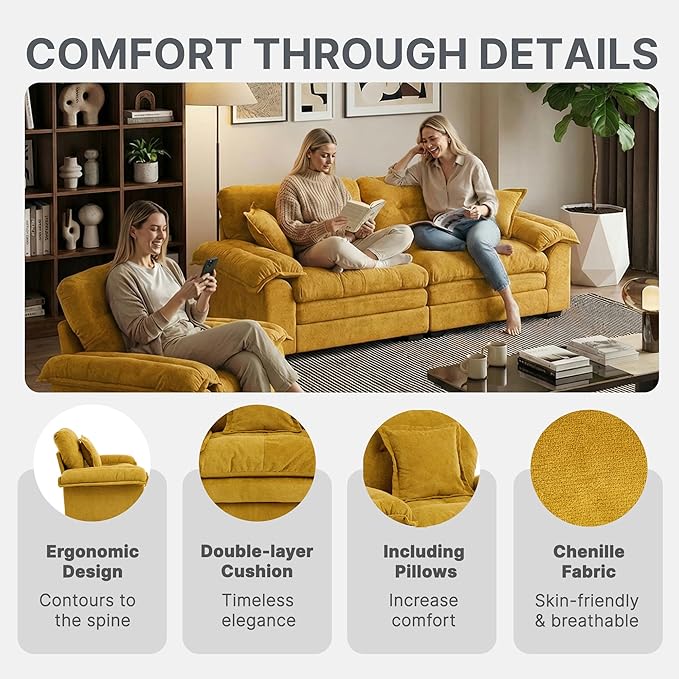 Modern 84 Loveseat &amp 360° Swivel Accent Chair Combo Set Plush Chenille Fabric with Padded Seat &amp 3 Decorative Pillows for Apartment Living Room Bedroom Home Office (Yellow 2-Piece Set)