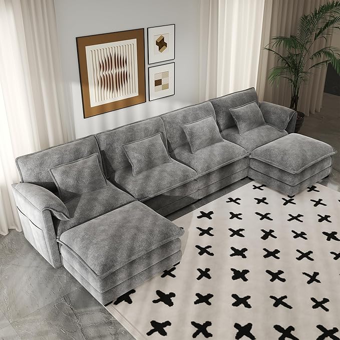 Real Relax 145'' Modular Sectional Sofa U Shaped Chenille Convertible Couch with Movable Ottoman 8 Pillows and 2 Armrest Pillows for Living Room Office and Leisure Places Dark Gray