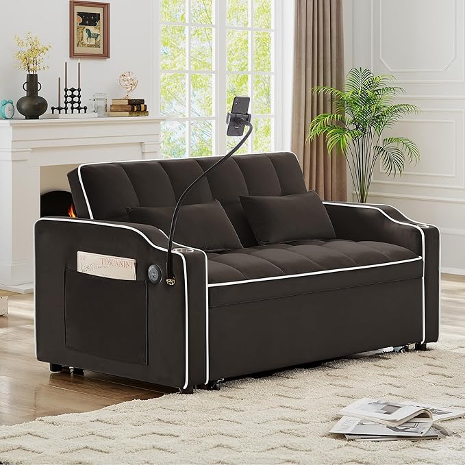 3-in-1 Convertible Loveseat Sleeper Sofa with Cup Holders &amp Phone Holder Futon Couch with Pull Out Bed and Adjustable Backrest Modern Velvet Chaise Lounge for Living Room Bedroom (Brown 54.7)