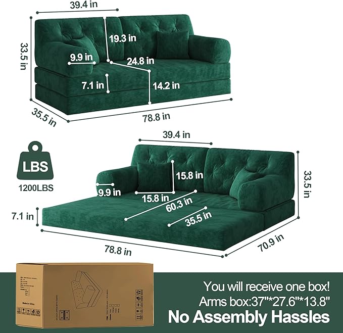 5-in-1 Folding Convertible Sofa Bed Loveseat Sleeper with Pull-Out Bed Floor Sofa Modular Futon Couch 79 Oversized Corduroy Upholstered Boneless Couch for Living Room Bedroom Lounge Green-C