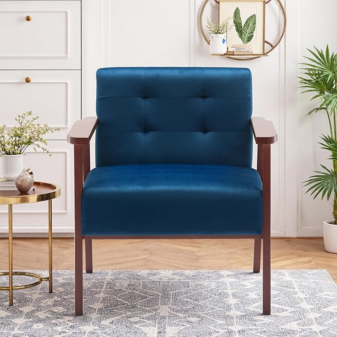 Anwick Mid-Century Accent ChairModern Velvet Living Room Chair with Solid Wood FrameComfy Armchair Lounge Reading Chairs for Bedroom Office Small Spaces (Blue)