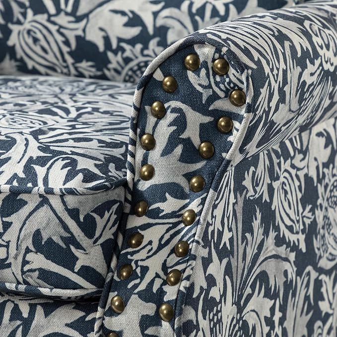 Wingback Accent Chair with Wood Legs Modern Comfy Upholstered Armchair with Removable Cushion and Nailhead Trim Floral Pattern Single Sofa Reading Chair for Living Room Bedroom