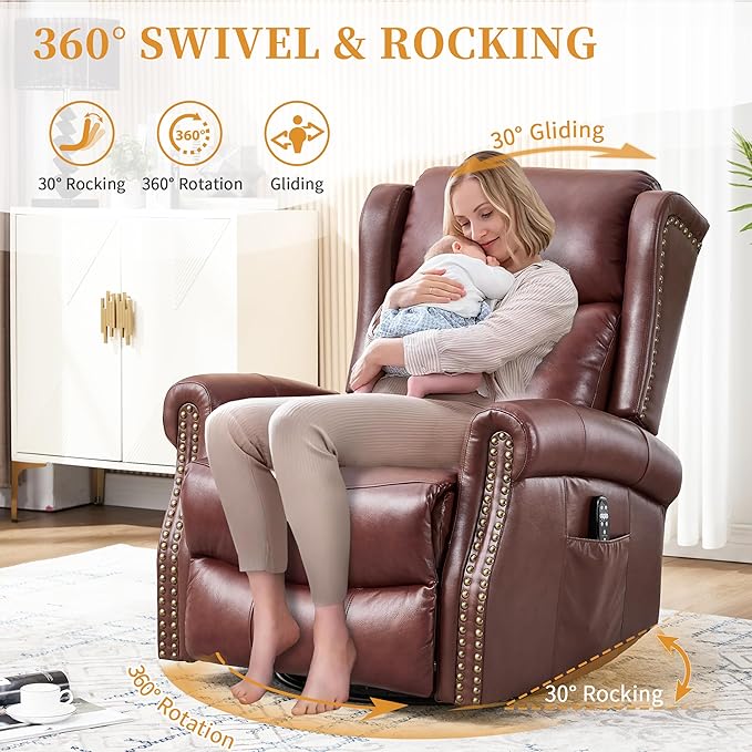 360° Swivel Glider Chair for Nursery Wingback Genuine Leather Rocking Recliner with Lumbar Heat &amp Massage 8-Point Vibration Massage for Living Room Bedroom