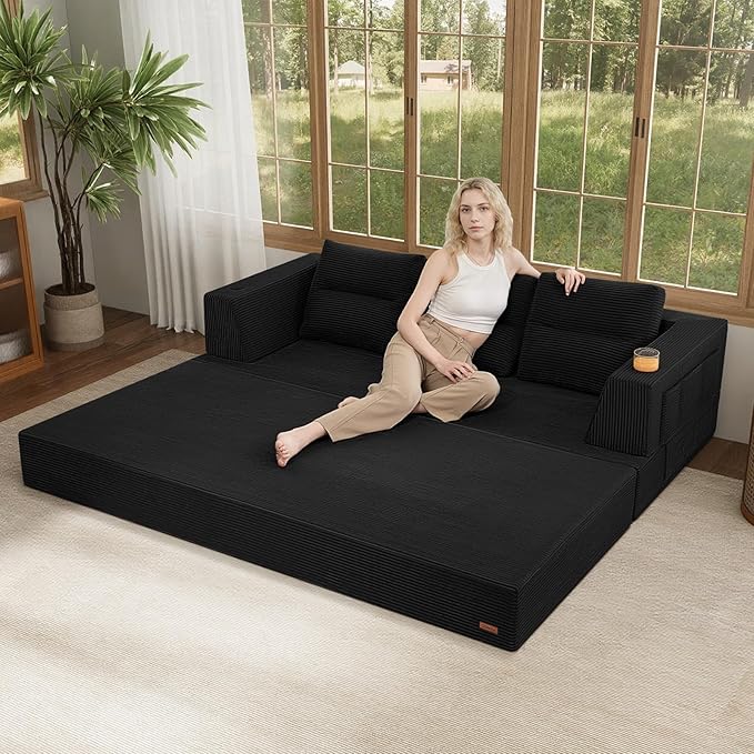 COMAX Futon Sofa Bed Queen 79 Convertible Sofa Bed Couches for Living Room 4 in 1 Folding Boneless Sleeper Corduroy Couch Loveseat Foam In a Box Comfy Foldable Lounge Fold Out Floor Mattress Black