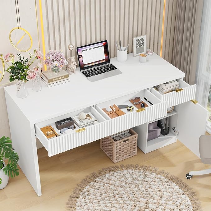 60 Executive Desk with Fluted Drawers Wood Home Office Desk with Storage Cabinet Fluted Reversible Computer Writing Desk for Study Living RoomWhite