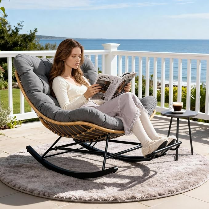 Egg Chair Wicker Outdoor Chairs Oversized Patio Lounger Chair with Water Resistant PE Rattan Adjustable Footstool Cushioned Comfort for Porch Garden Living Room Dark Grey