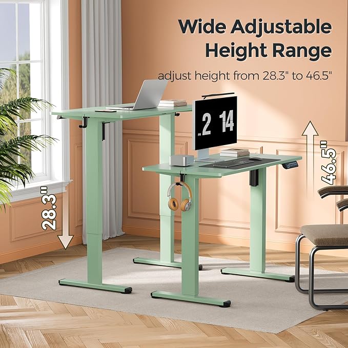 Small Standing Desk 35 ×20 Electric Standing Table Height Adjustable Compact Sit Stand Workstation with Splice Board Home Office Desk with 2 Hooks Sage Green