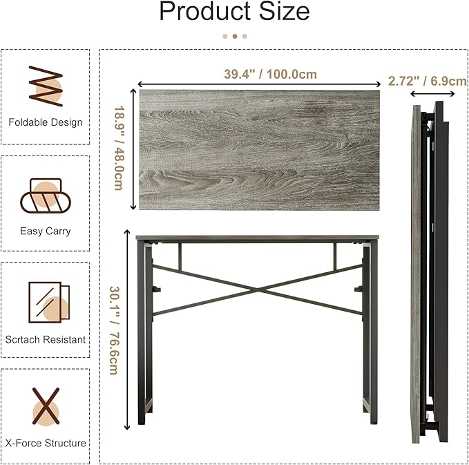 EMODA 40 inch Folding Desk No Assembly Required Home Office Desk Study Writing Gaming Computer Table Black Oak